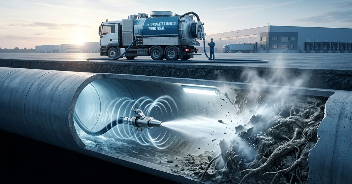 Ilustração 3D técnica mostrando um caminhão de hidrojateamento industrial de alta potência operando em um pátio logístico. Um corte lateral revela o subsolo com uma tubulação de grande diâmetro sendo limpa por um bico de jato de água sob pressão que destrói detritos sólidos e raízes.