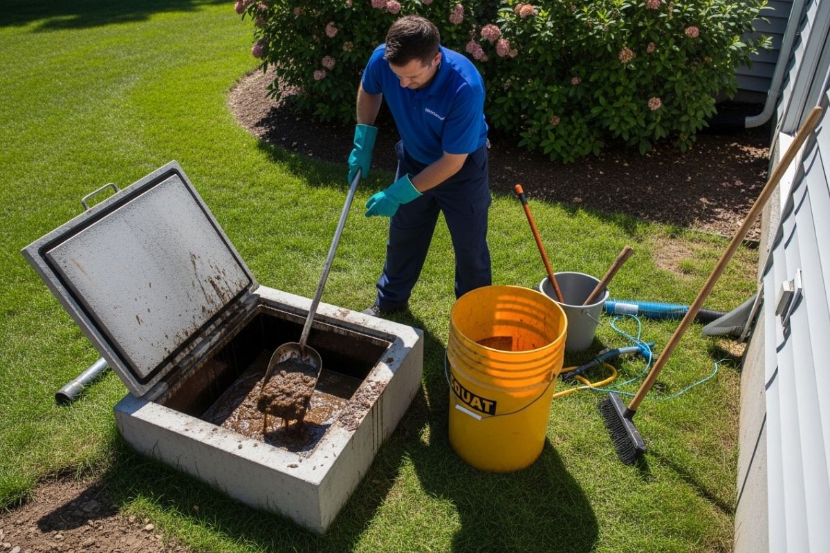Profissional realizando a limpeza de caixa de gordura residencial para evitar mau cheiro e entupimentos durante o verão.