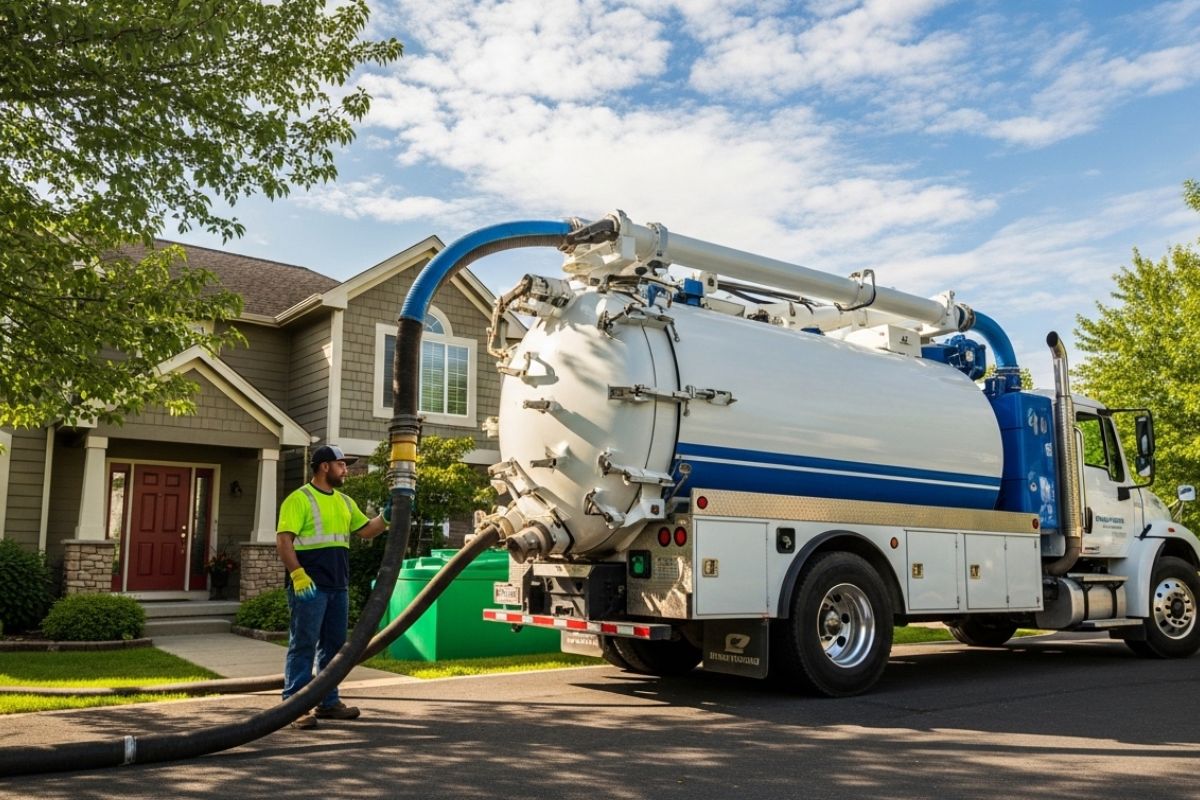 Caminhão de limpeza de fossa séptica realizando manutenção preventiva em uma residência com equipamentos de alta sucção.