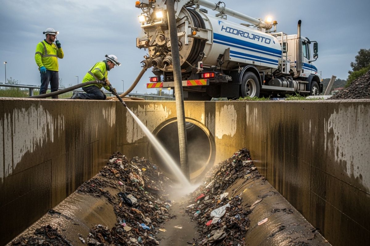 Operação de limpeza de galerias pluviais e bueiros utilizando hidrojateamento industrial para prevenção de enchentes.