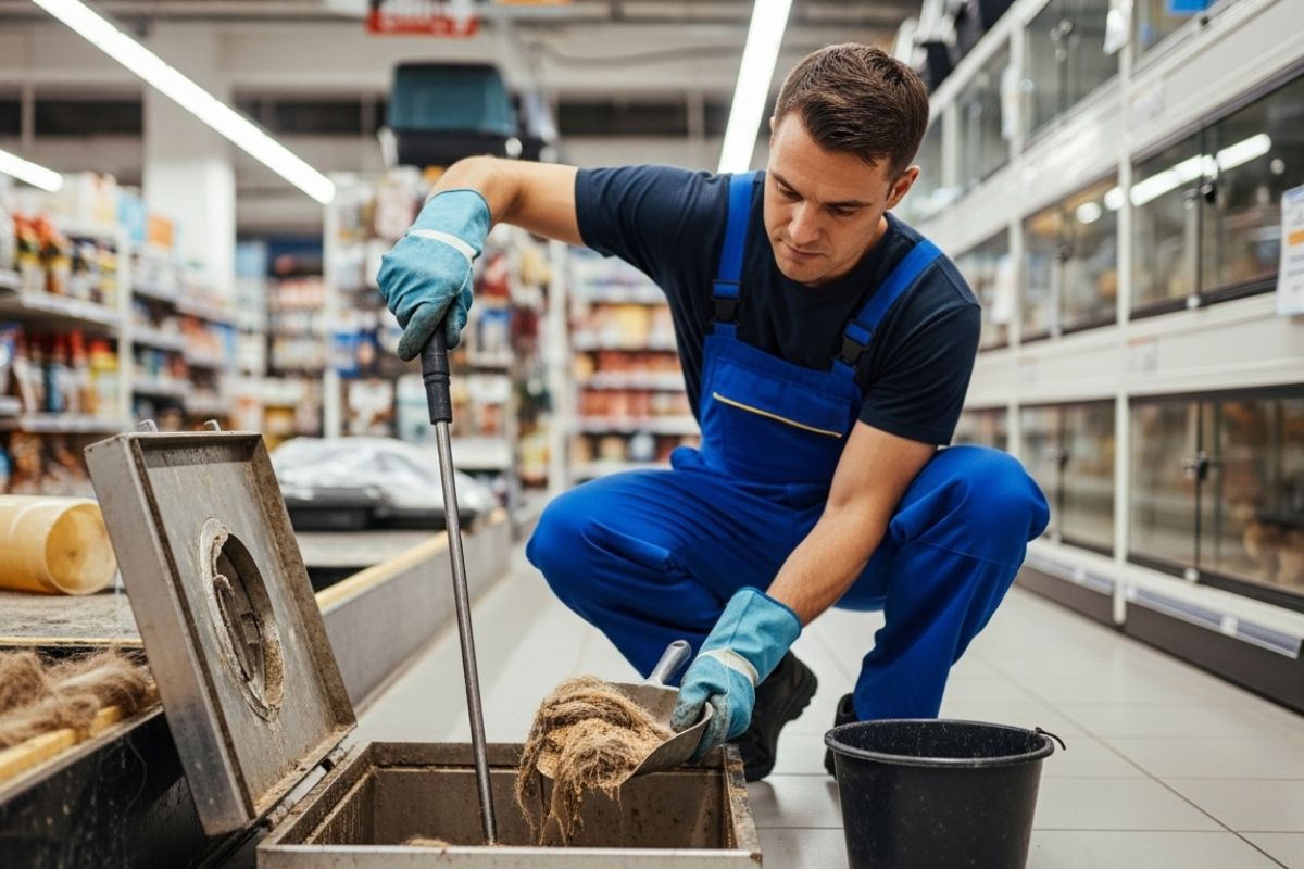 Técnico profissional realizando a limpeza de sistemas de drenagem em um pet shop, removendo acúmulo de pelos e areia da caixa de retenção.