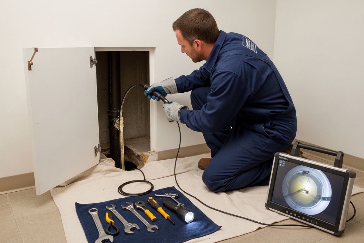 Técnico de desentupidora profissional realizando vídeo inspeção em tubulação de condomínio para identificar a origem do entupimento.