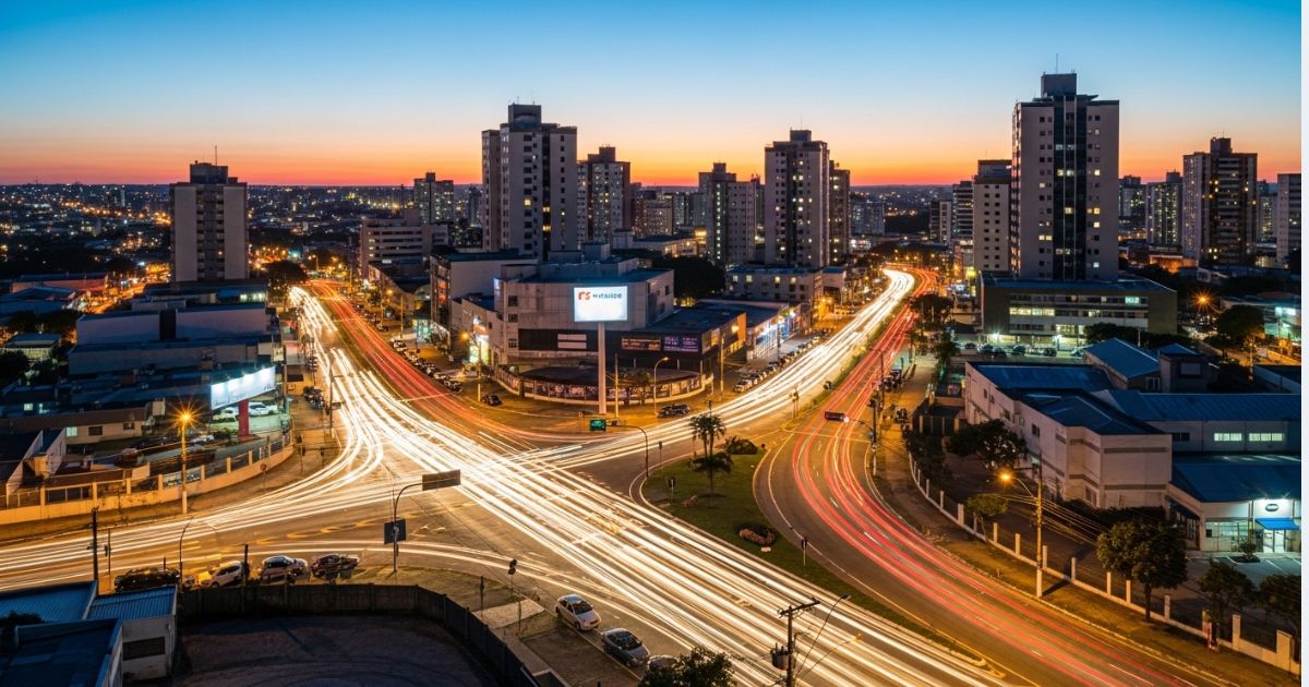 Visão panorâmica e cinematográfica do entroncamento entre Santo André e São Caetano do Sul durante o entardecer