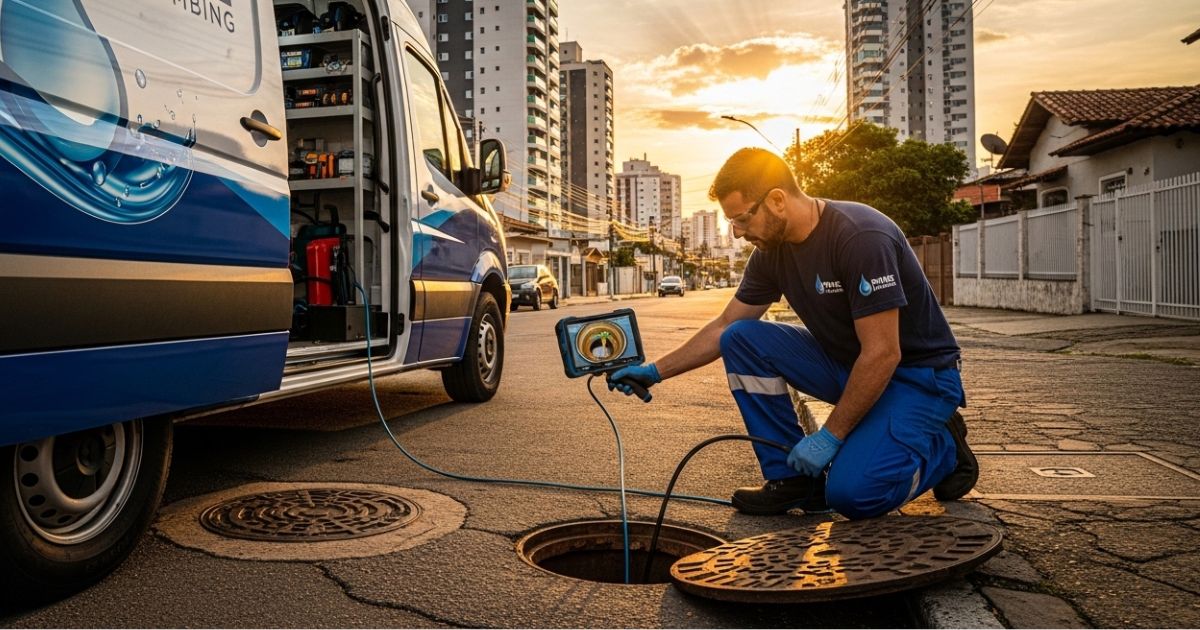 Furgão de desentupidora 24h em atendimento de emergência em Osasco, representando a prontidão para resolver refluxo de esgoto e pias entupidas na Zona Oeste.
