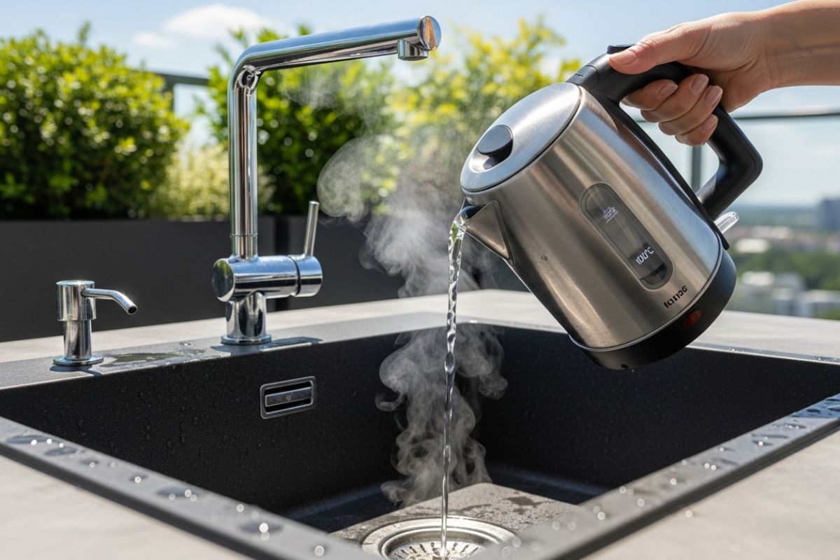 Mão segurando uma chaleira elétrica despejando água fervendo diretamente no ralo de uma pia de varanda gourmet.