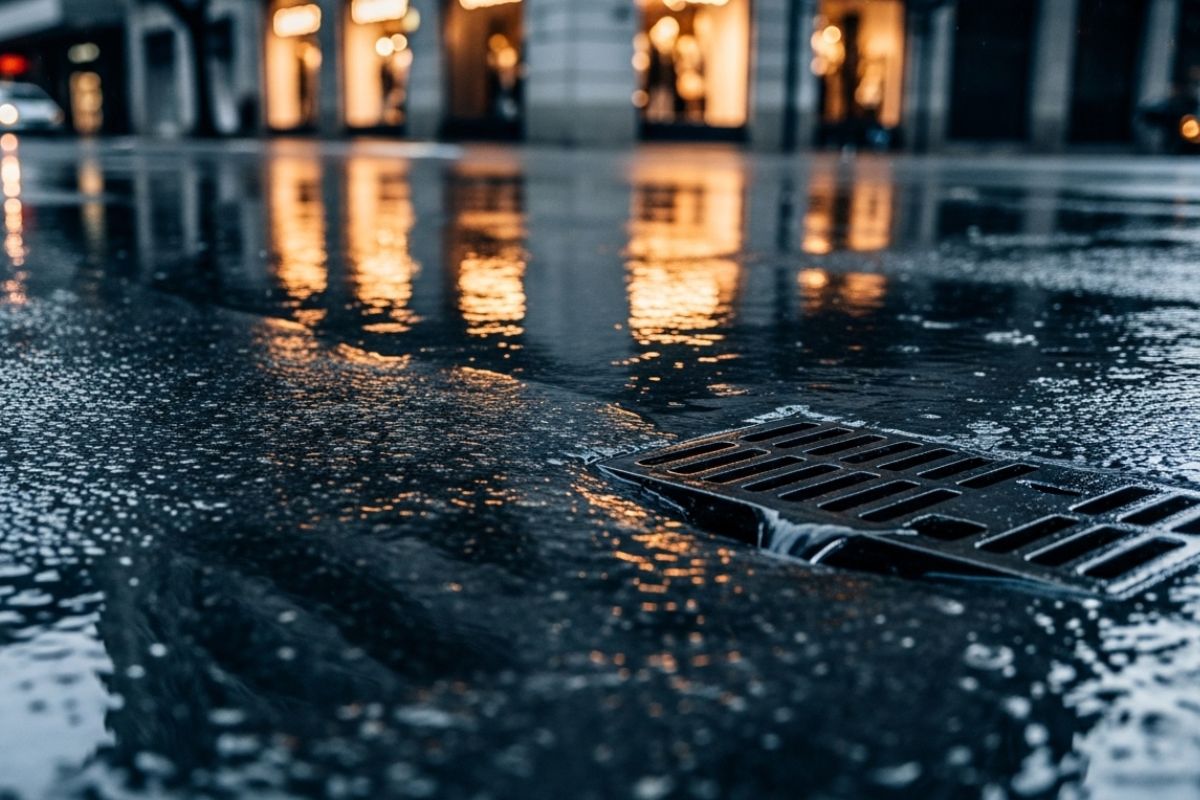 Bueiro limpo em rua de São Bernardo do Campo, destacando a importância da drenagem para evitar enchentes e refluxo de esgoto.