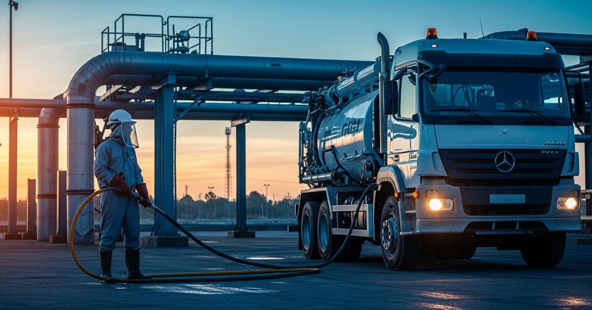 Equipamento de hidrojateamento industrial de alta pressão realizando a limpeza técnica de redes de esgoto em um polo logístico entre Barueri e Guarulhos.