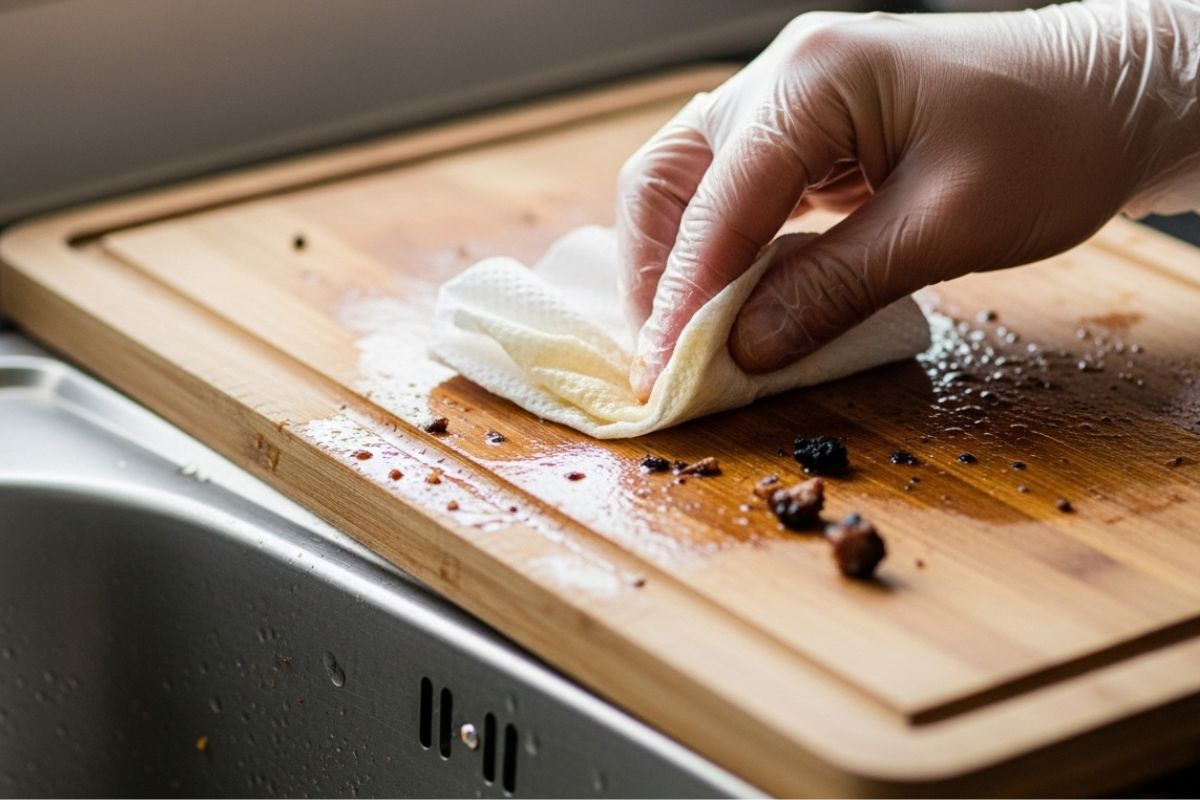 Uma mão segurando um pedaço de papel toalha removendo o excesso de gordura de carne de uma tábua de churrasco de madeira antes de colocá-la na pia.
