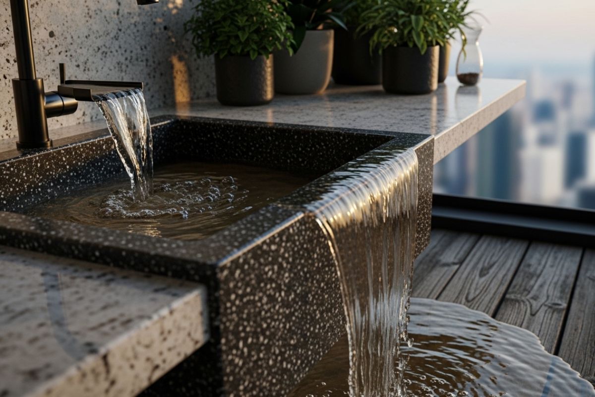 Pia de granito em uma varanda gourmet com água suja transbordando, molhando o balcão e o chão.