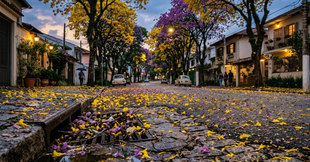 rua arborizada de São Paulo ao entardecer, coberta por um tapete de pétalas amarelas e roxas de ipês.