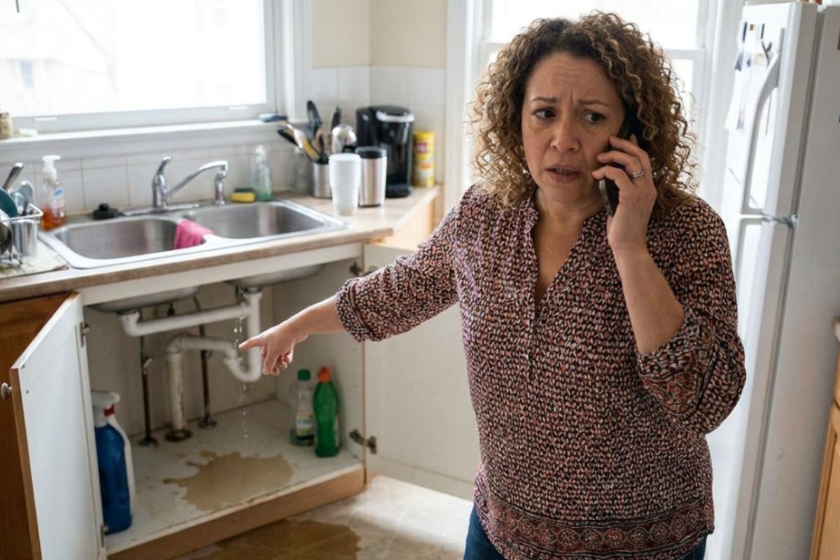 Mulher desesperada ligando para desentupidora para resolver problema de entupimento