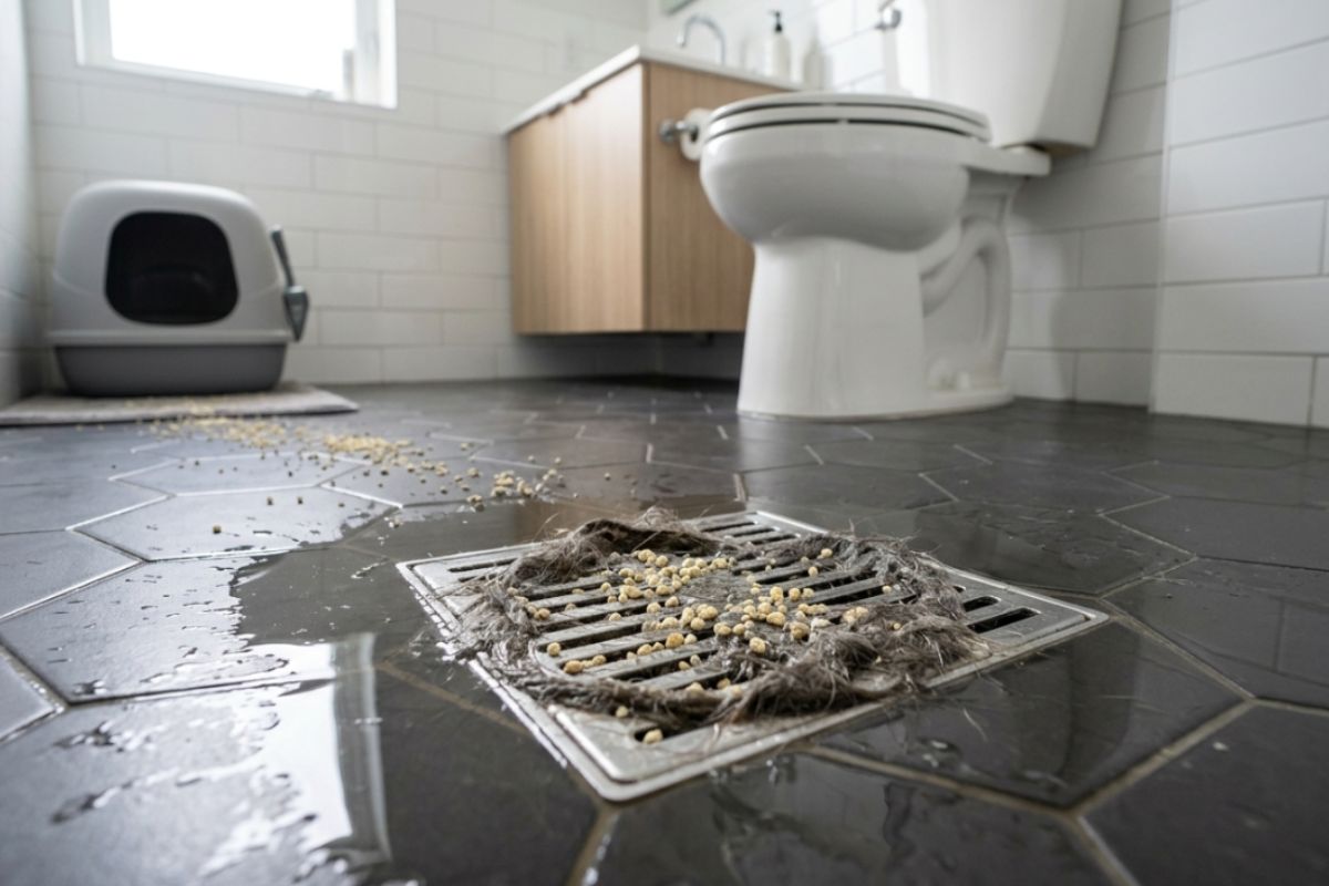 Areia de gato no ralo de apartamento causando risco de entupimento na tubulação