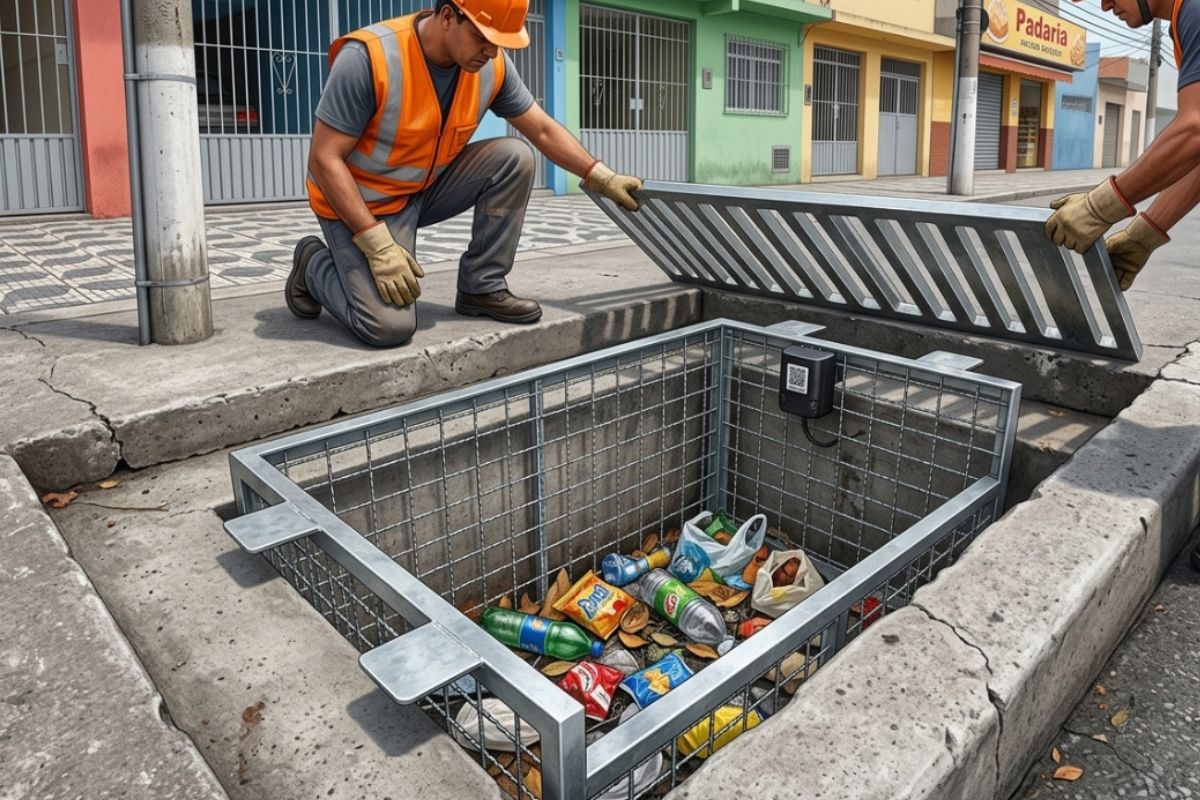 Instalação de uma boca de lobo inteligente com cesto e sensor em uma rua de Santo André.