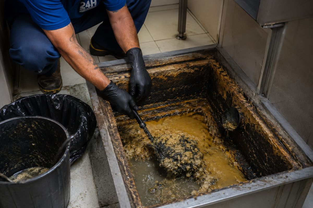 Profissional limpando caixa de gordura residencial em Santana de Parnaíba.