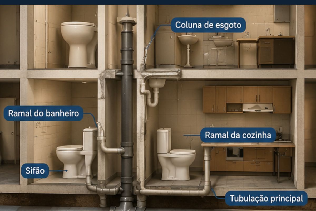Corte interno mostrando colunas de esgoto de um edifício alto, com tubos verticais e ramais ligados aos apartamentos.