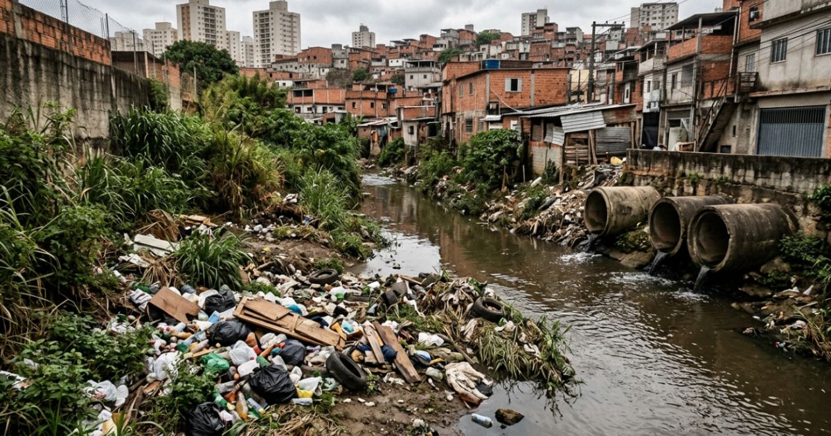 Córrego na Zona Sul de SP com lixo acumulado e impacto ambiental no esgoto urbano