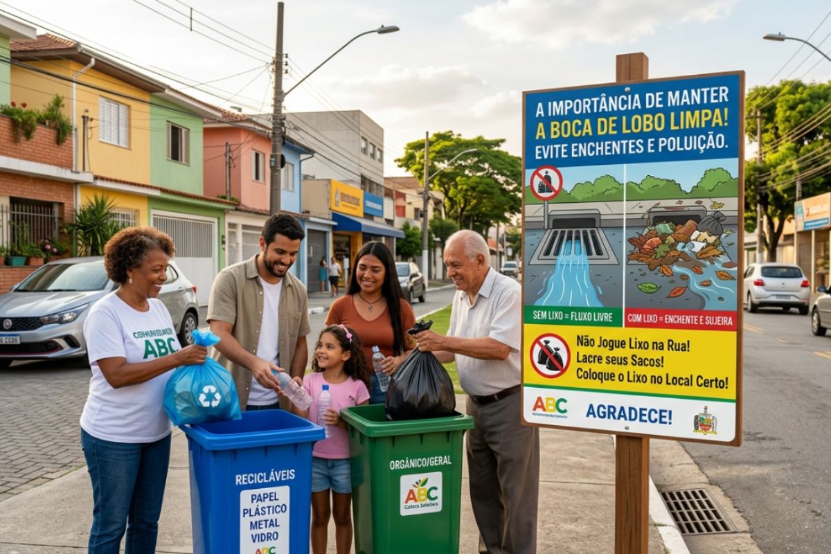 Ilustração educativa sobre descarte correto de lixo e conscientização para evitar entupimento de bocas de lobo.