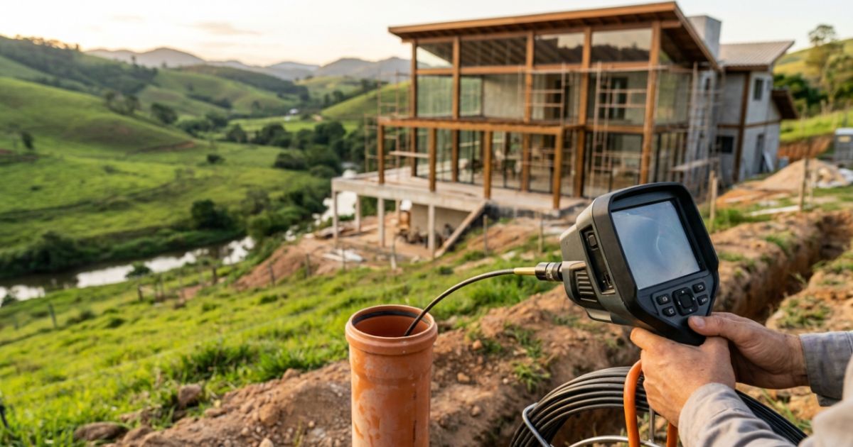 Técnico especializado realiza video inspeção em pós-obra com com equipamento de video inspeção em imóvel novo em Caçapava, Vale do Paraíba.