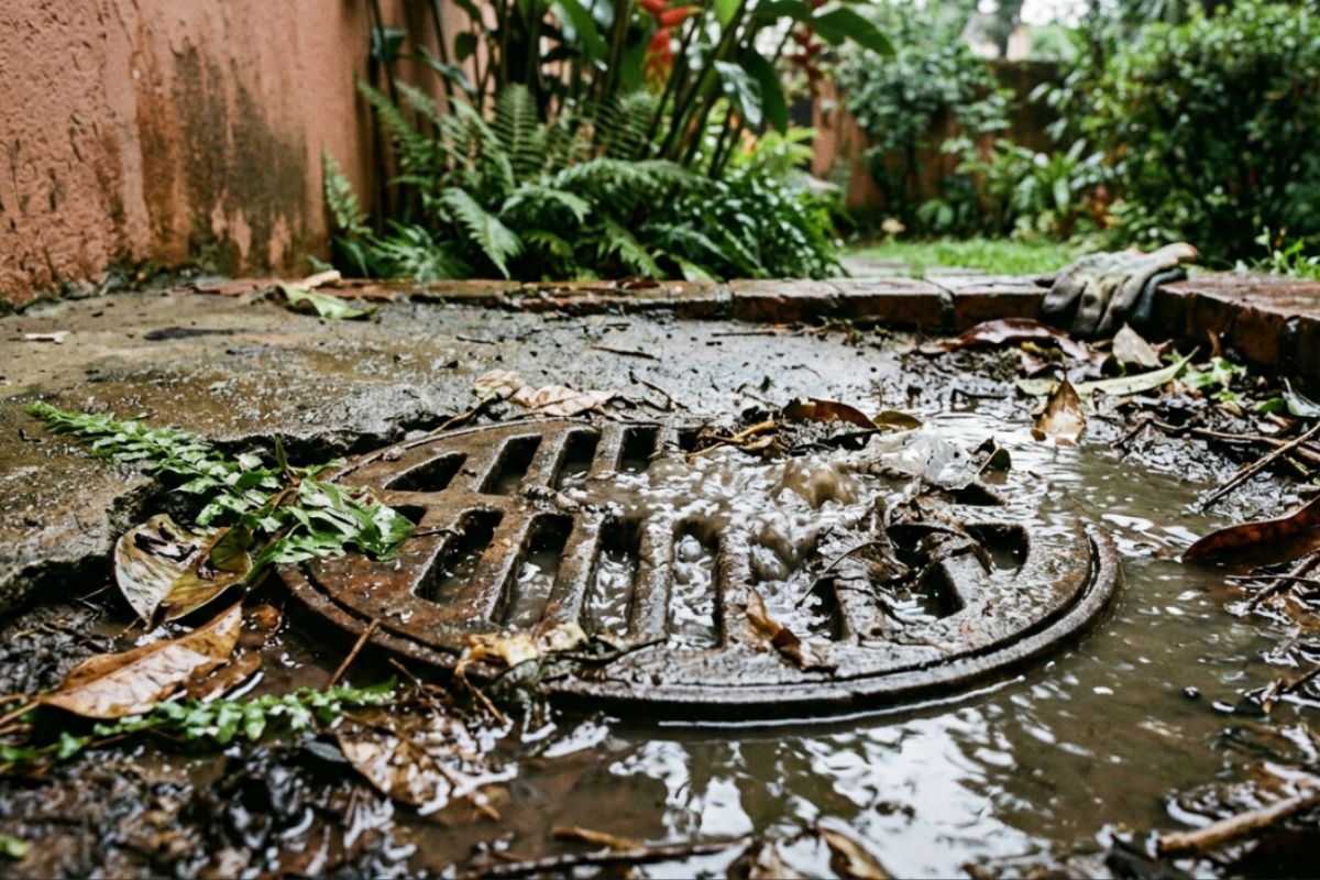 Refluxo de esgoto em ralo de quintal na Zona Sul de SP após chuva forte