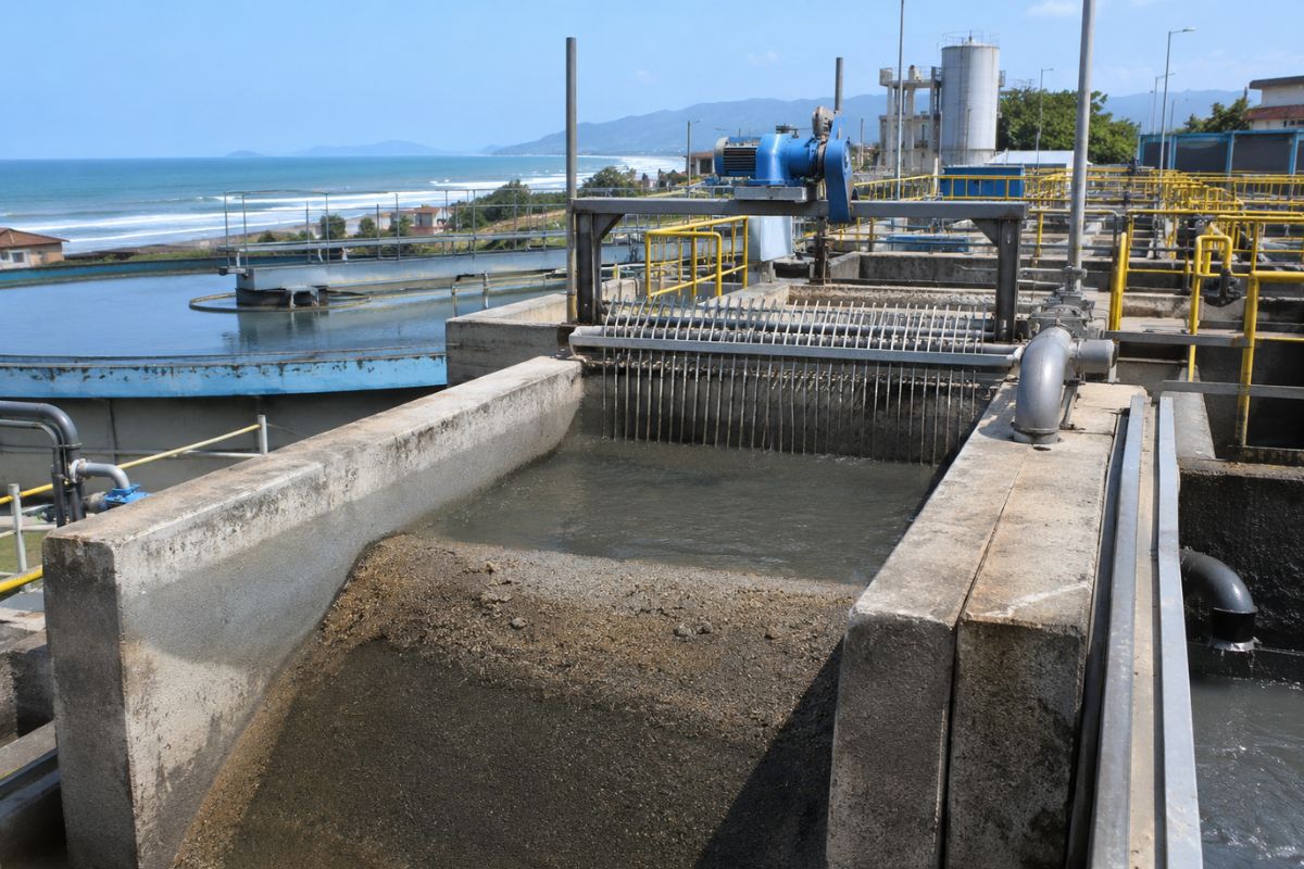 Estação de tratamento de esgoto mostrando um tanque de desarenação em funcionamento, com separação de areia.