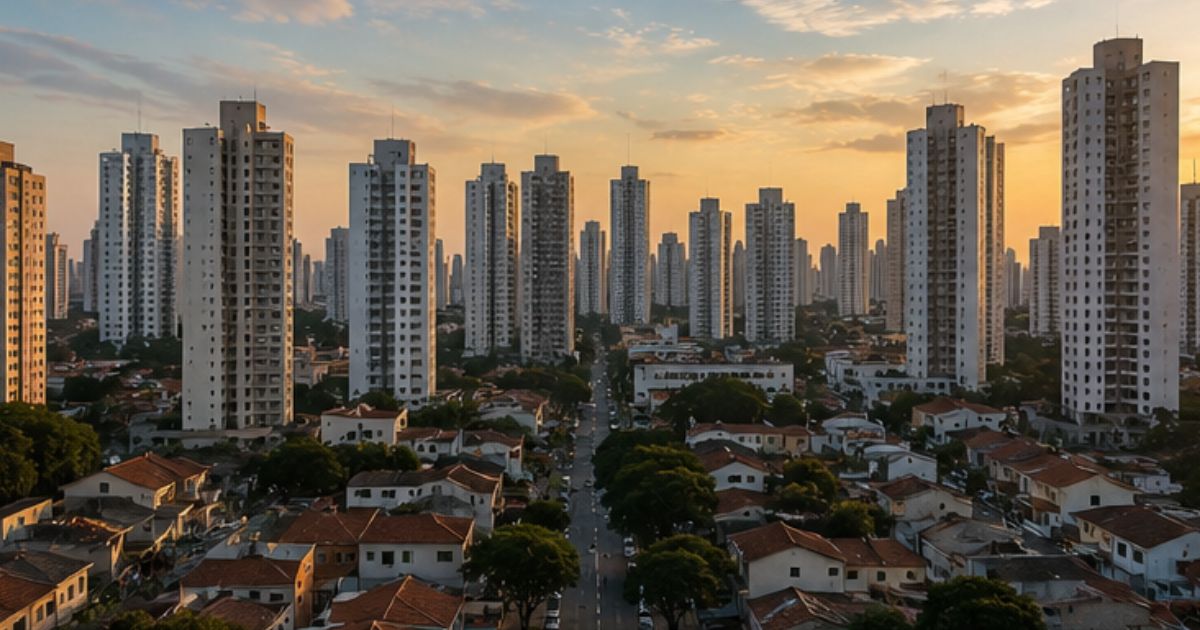 Vista de prédios altos em Tatuapé e Anália Franco representando a verticalização e seu impacto no sistema de esgoto.