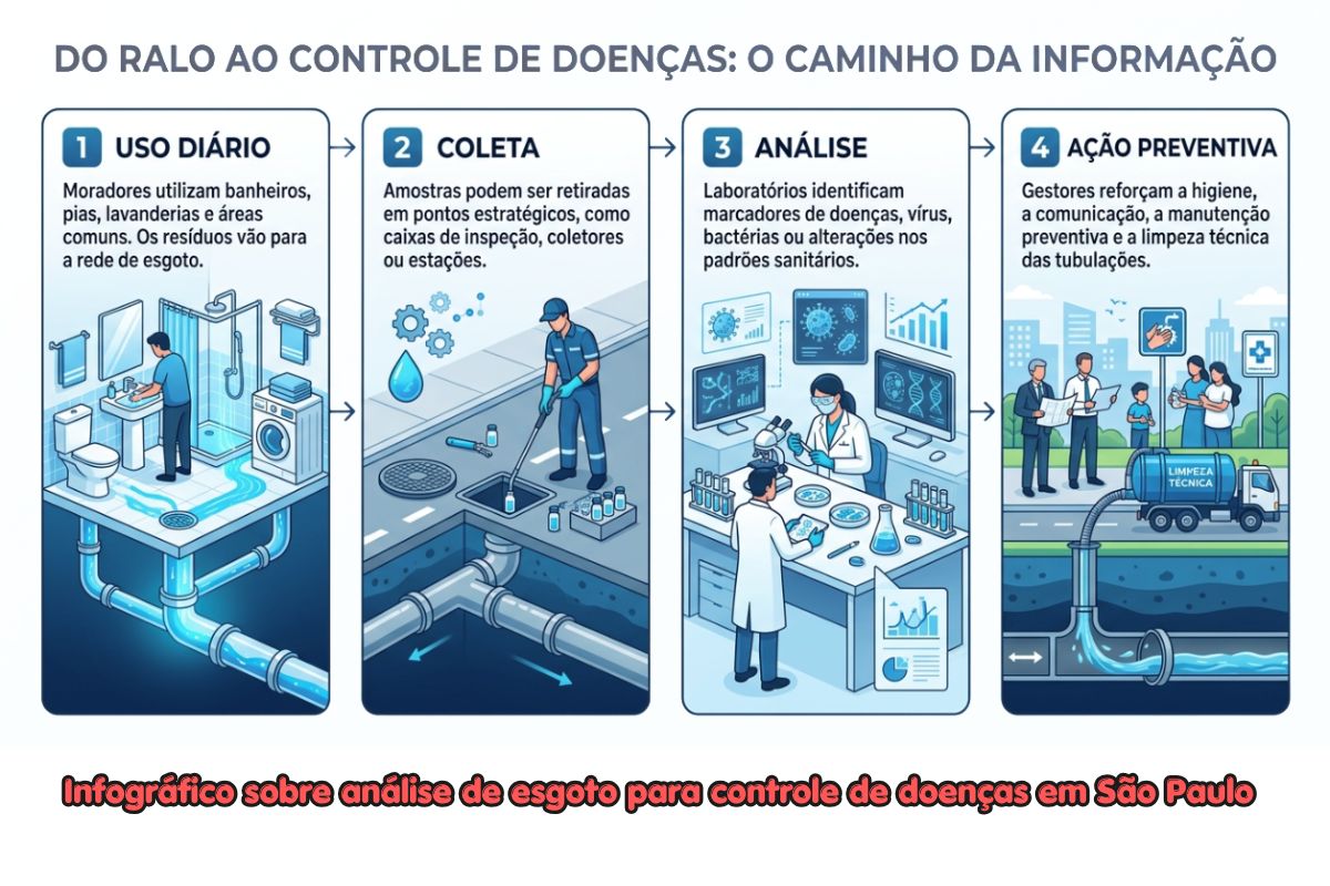 infográfico sobre análise de esgoto para controle de doenças em São Paulo