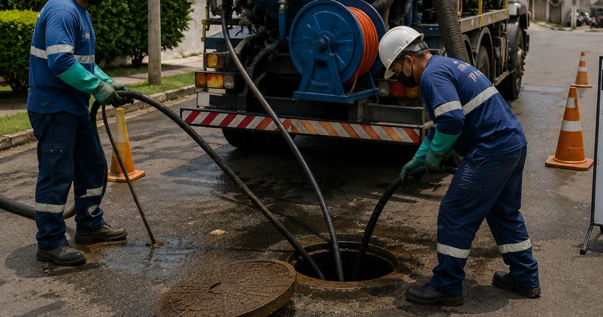 Equipe usando caminhão hidrojato na manutenção do esgoto em Santana de Parnaíba.