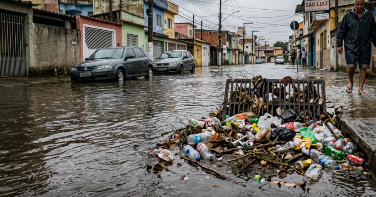 Rua alagada em Santo André com boca de lobo entupida e lixo amontoado.