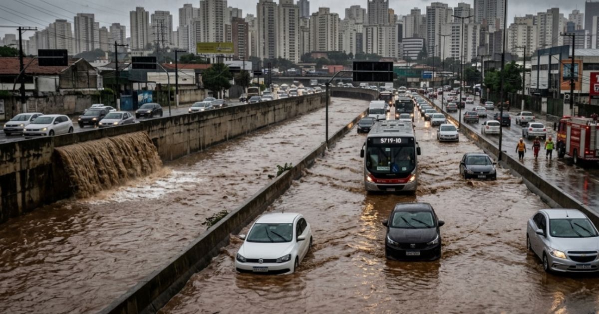 Rua de São Paulo alagada ao lado de um rio canalizado com muros de concreto.