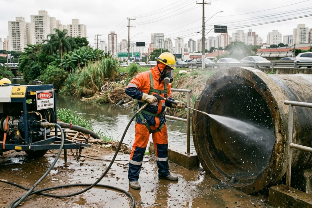 Técnico realizando hidrojateamento preventivo em tubulação próxima a córrego na Zona Sul de SP