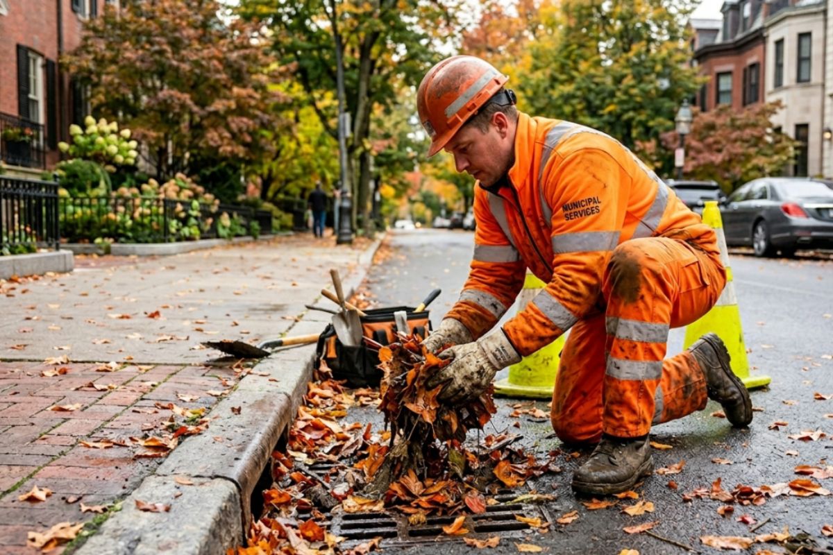 Profissional da desentupidora com luvas recolhendo folhas molhadas de um ralo pluvial em dia chuvoso