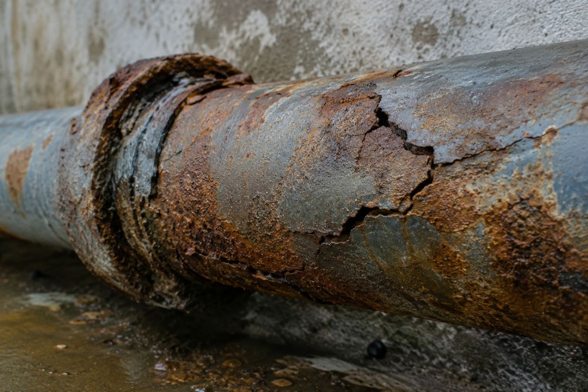 Close‑up de uma tubulação metálica enferrujada devido à maresia, destacando rachaduras e oxidação.