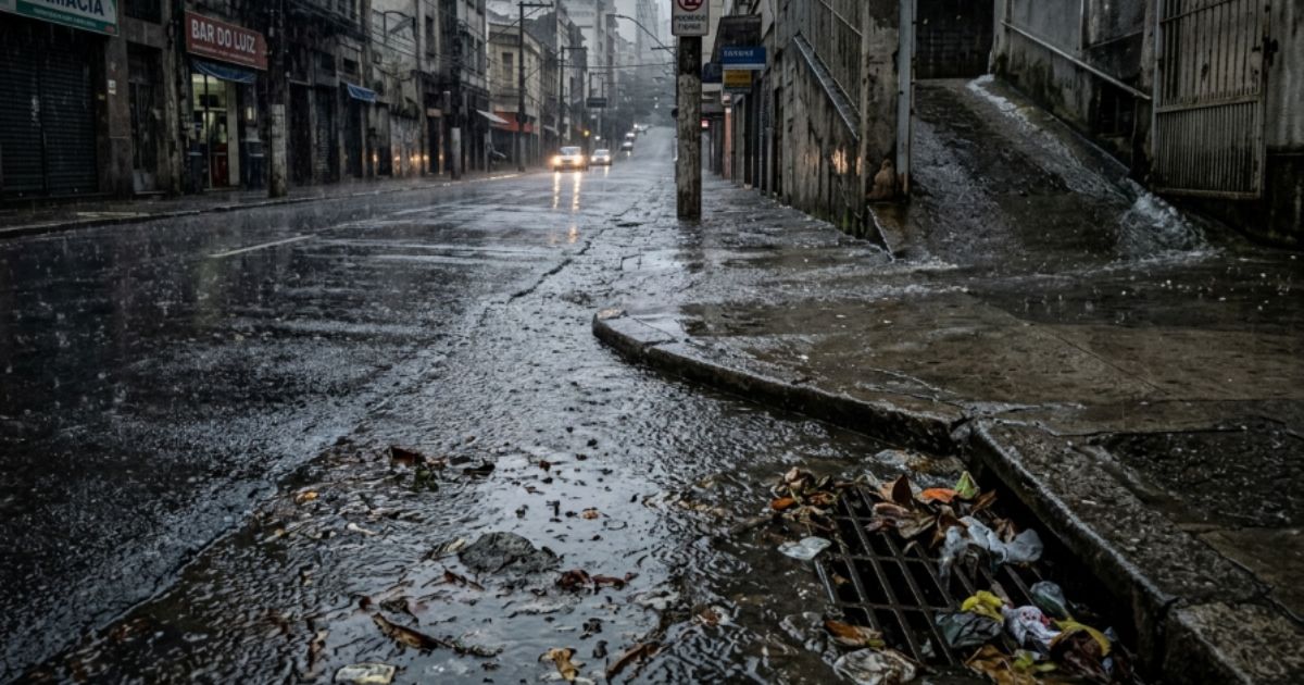 Águas pluviais em São Paulo causando alagamento e risco de esgoto voltando pelo ralo