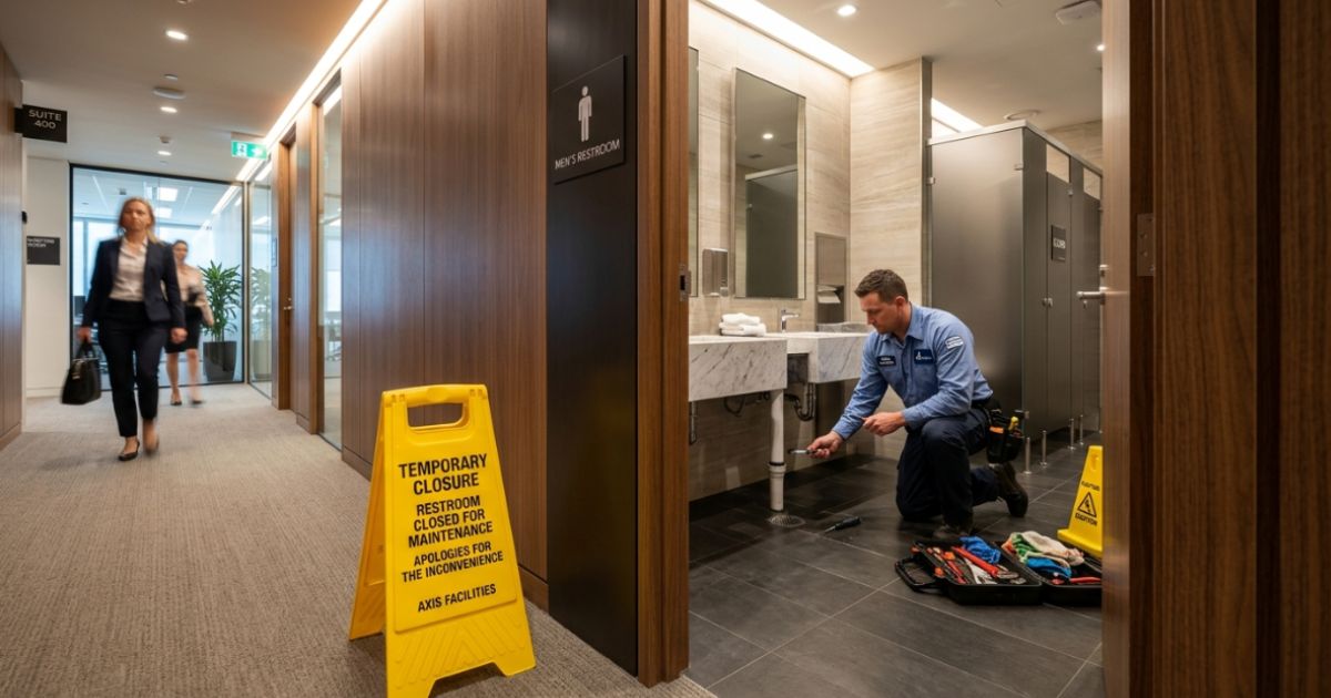 Banheiro entupido em empresa com placa de interdição e equipe realizando manutenção