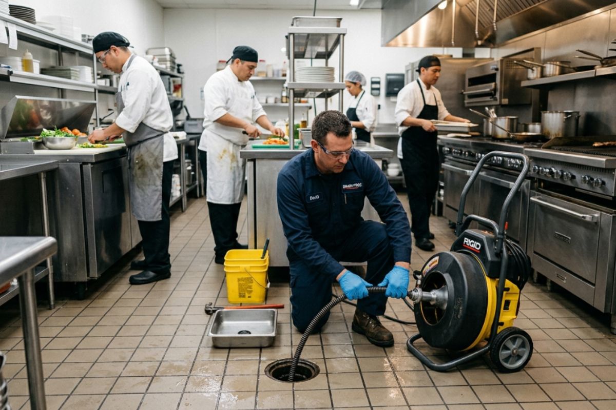 Técnico realizando desentupimento em cozinha de restaurante sem parar a operação