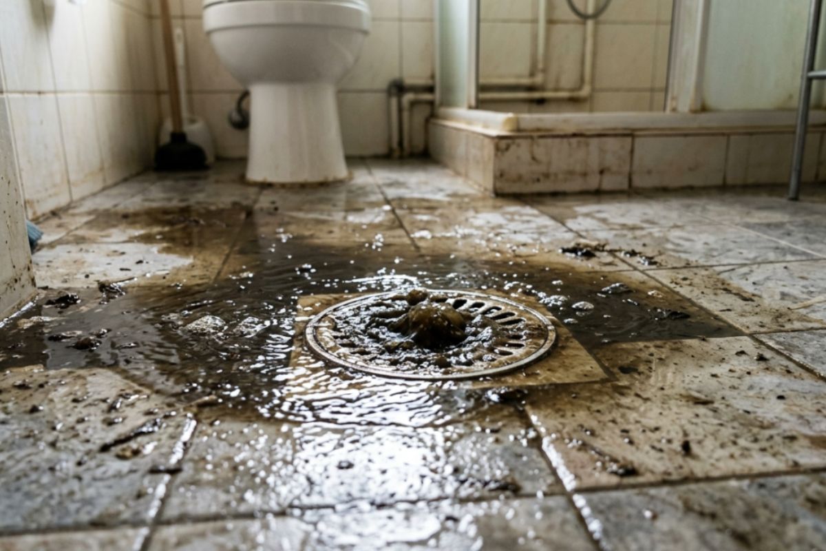 Emergência de esgoto voltando pelo ralo do banheiro em São Paulo com água escura no piso