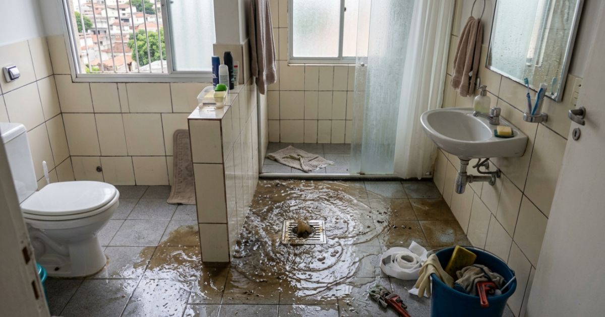 Emergência de esgoto voltando pelo ralo do banheiro em São Paulo com água escura no piso