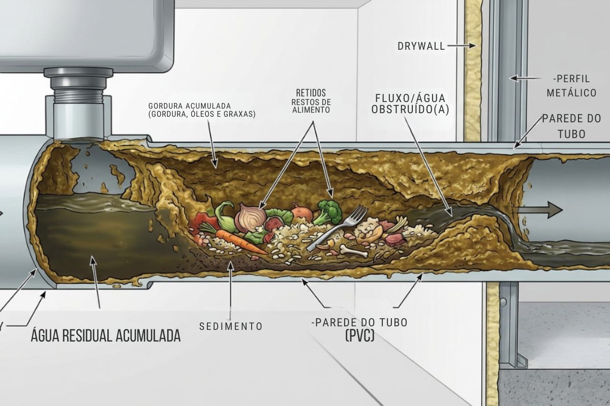 Gordura acumulada em tubulação de cozinha de restaurante causando entupimento