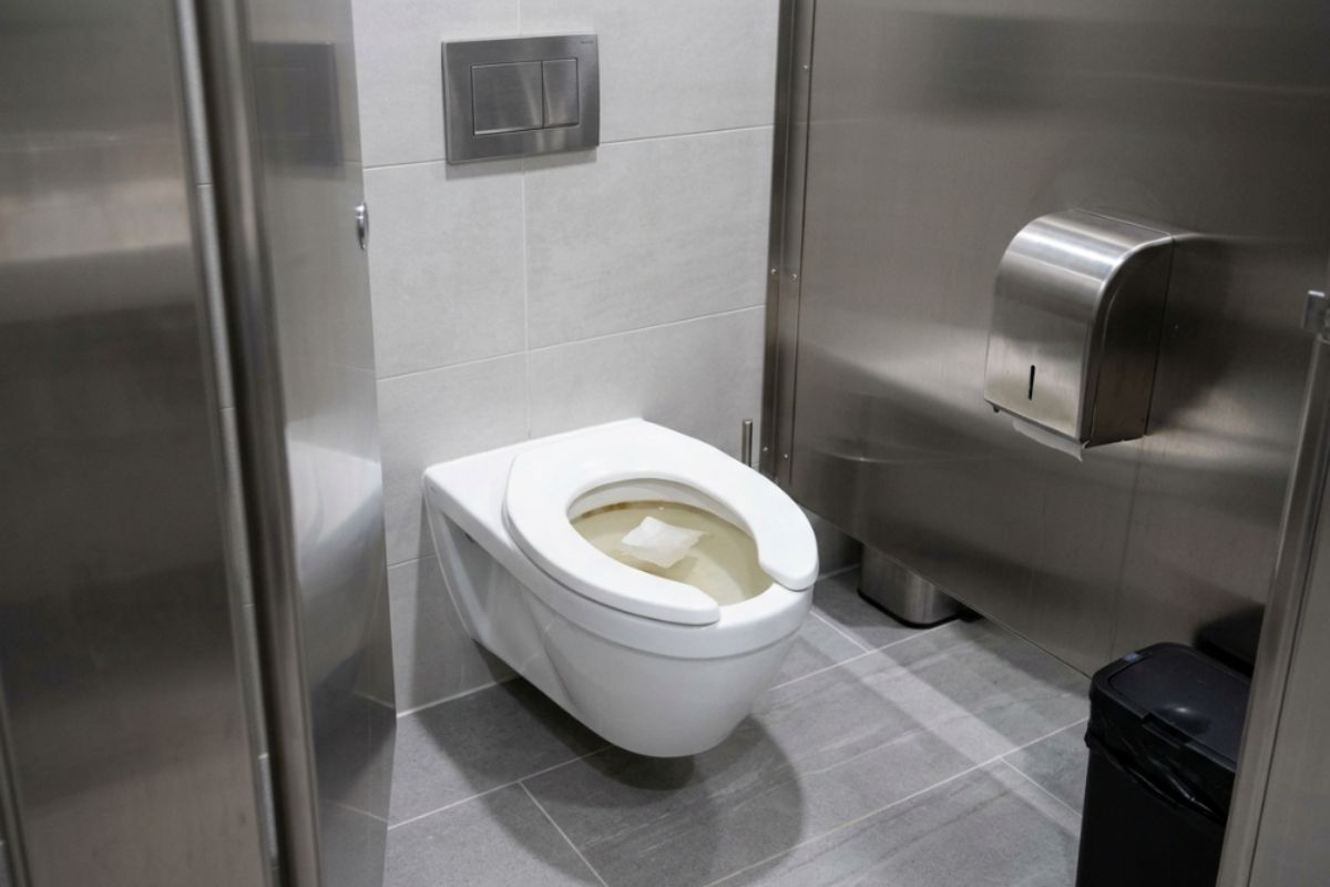 Água subindo lentamente em vaso sanitário corporativo indicando início de entupimento