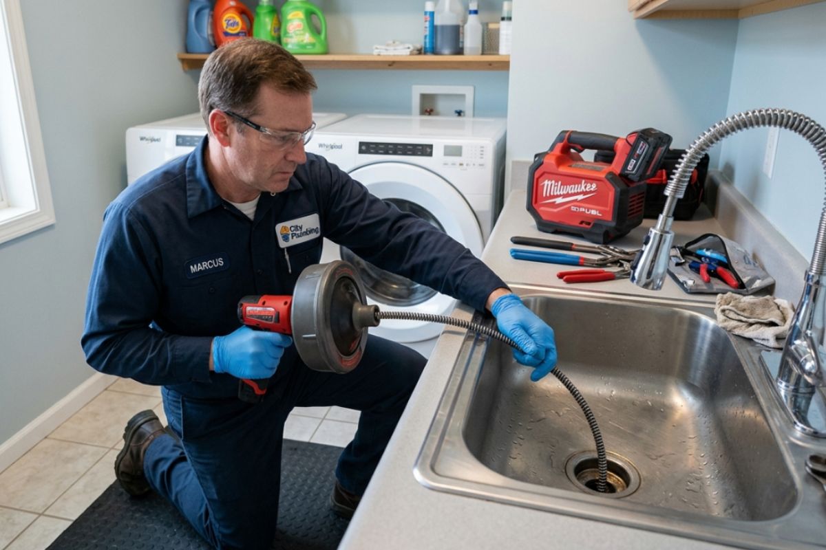 Técnico realizando desentupimento de ralo do tanque em apartamento com equipamento profissional