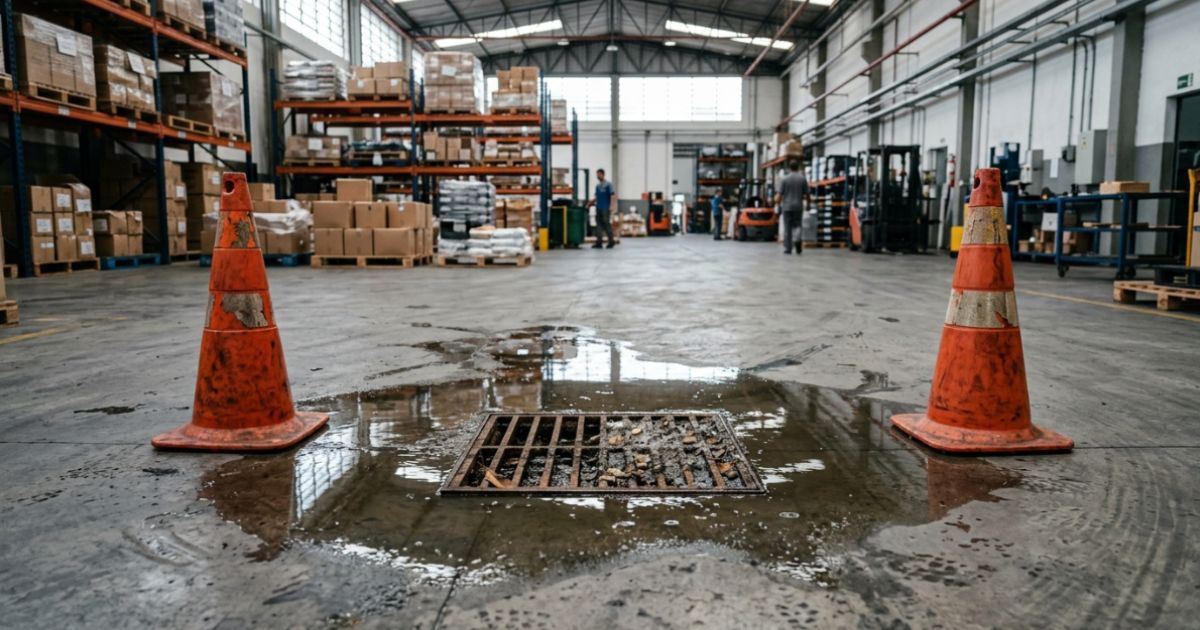 Ralo de galpão entupido na Vila Maria com água acumulada no piso