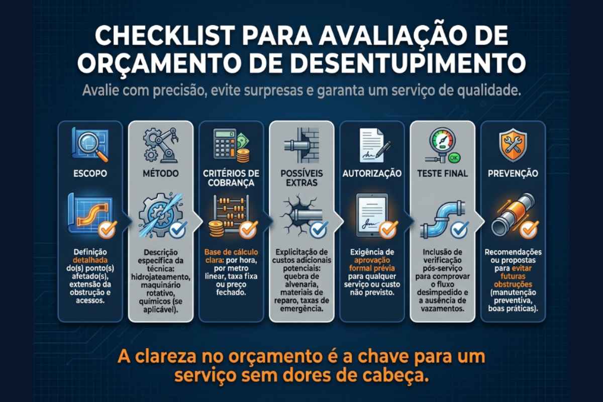 Checklist para avaliar orçamento de desentupimento de esgoto