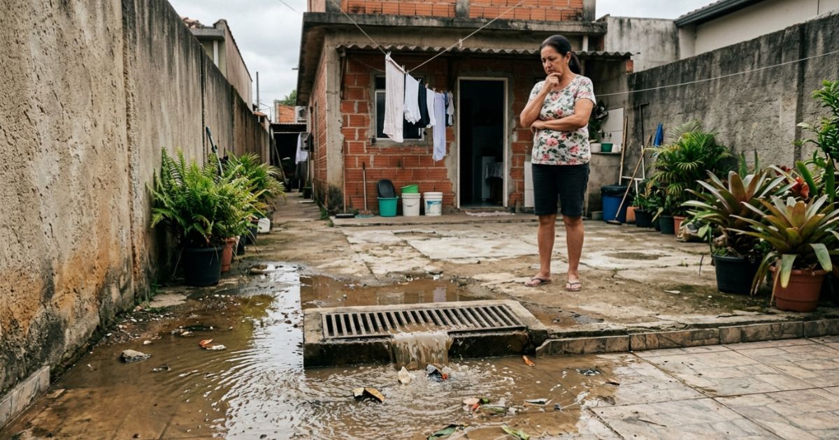 Esgoto transbordando no quintal com água suja saindo pelo ralo externo