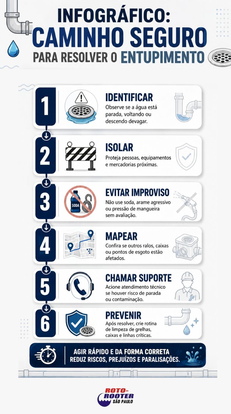 Infográfico com passo a passo seguro para resolver entupimento de ralo e esgoto