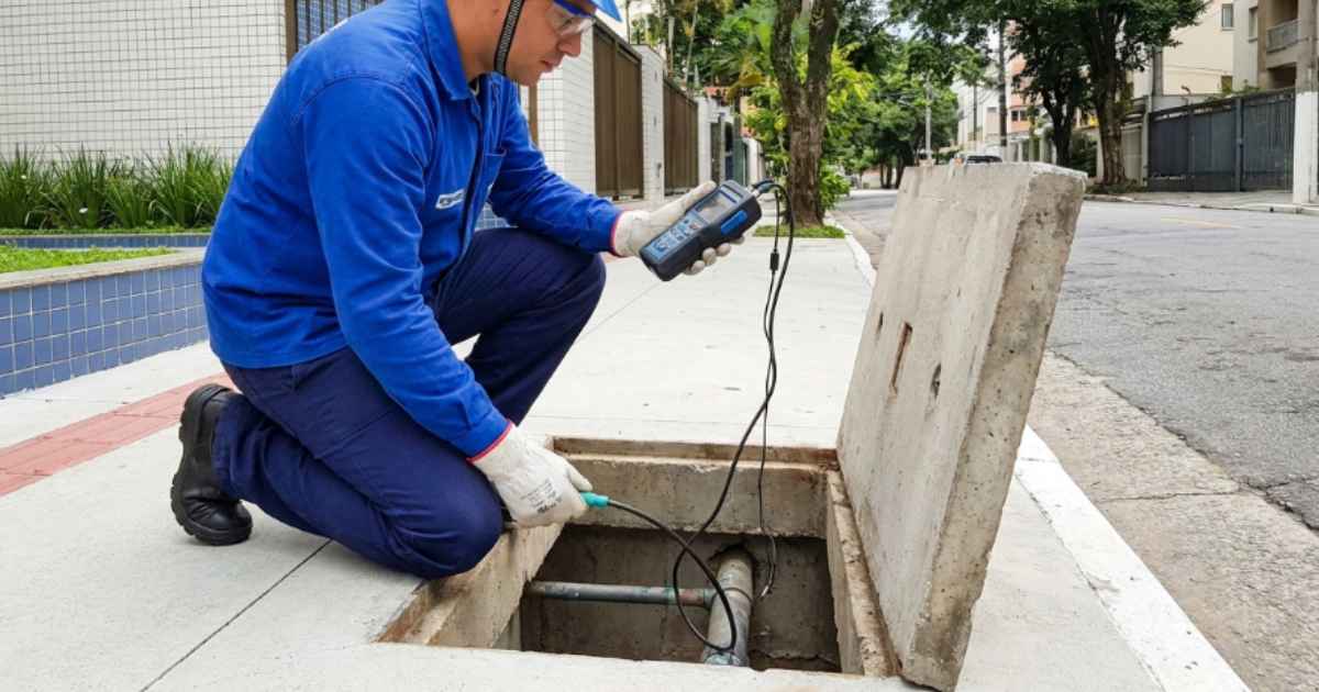 Técnico avaliando quanto custa desentupir esgoto em São Paulo