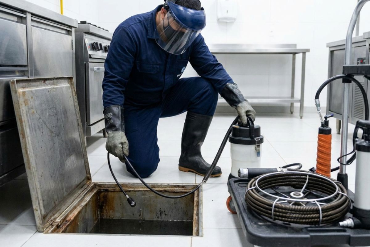 Técnico realizando desentupimento de caixa de gordura em Santo Amaro