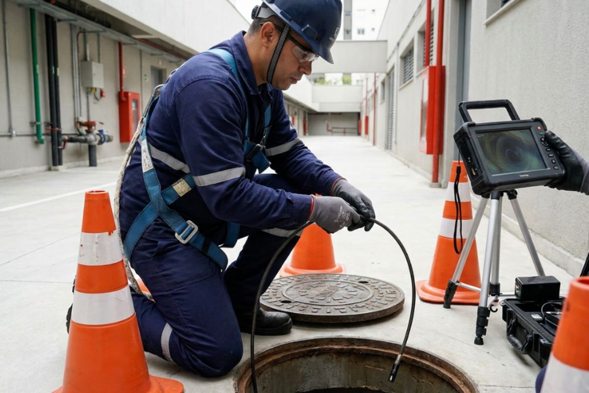 Técnico avaliando esgoto entupido no Itaim Bibi com equipamento profissional