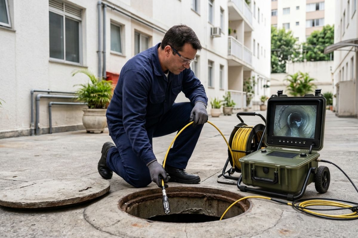 técnico realizando vídeo inspeção de esgoto em imóvel na Bela Vista