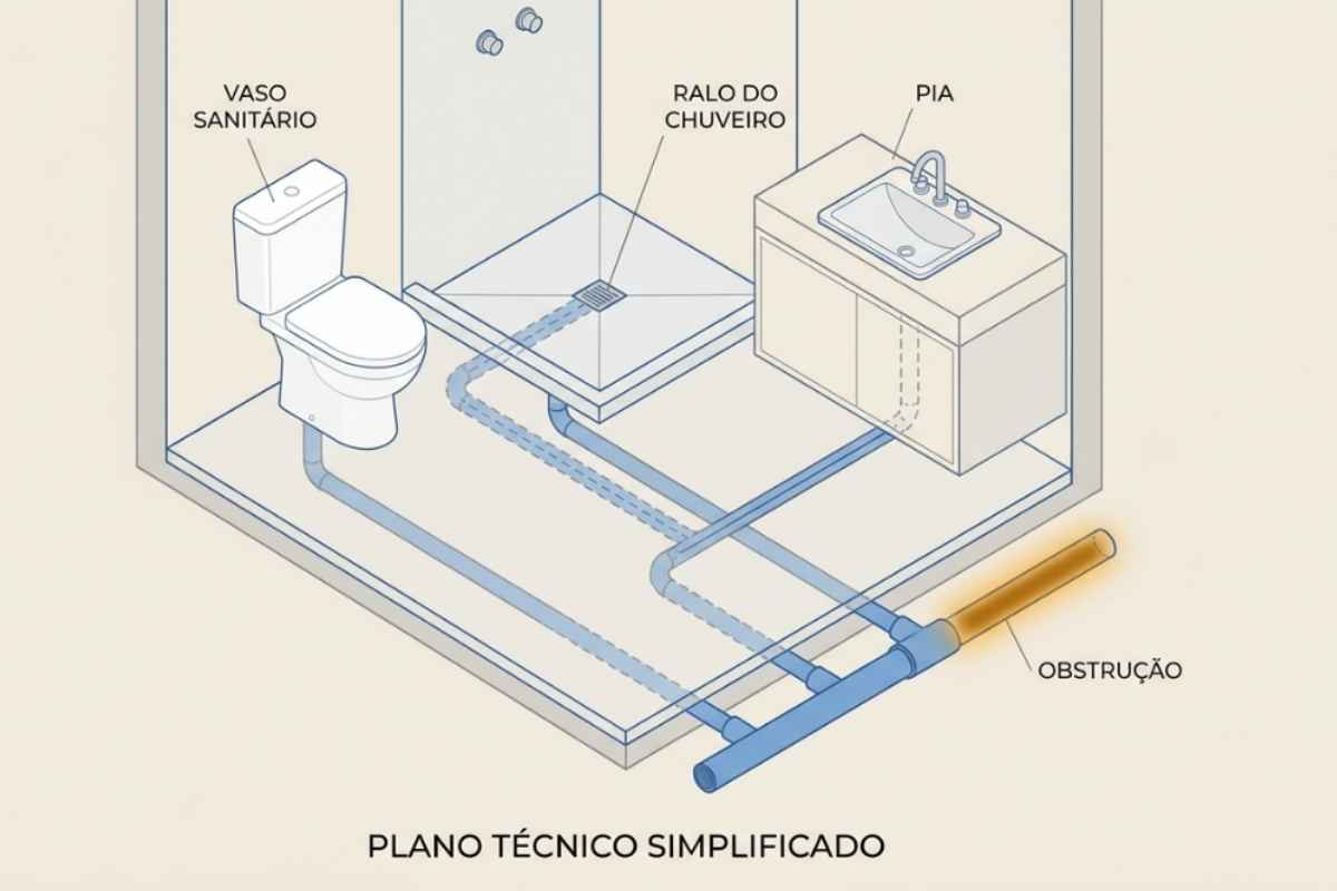 Esquema de vaso e ralo ligados ao mesmo ramal de esgoto