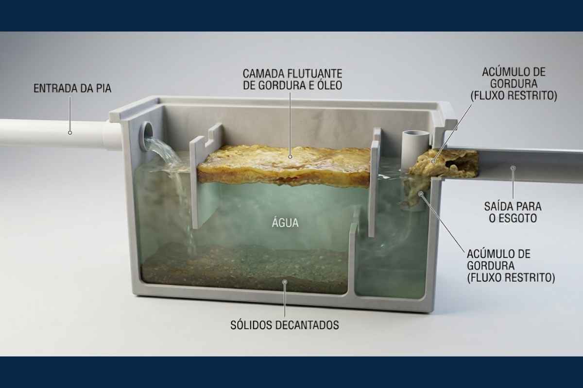 Corte técnico de caixa de gordura com camada acumulada reduzindo a passagem